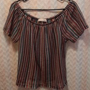Boho Harlow & Rose Crochet Rainbow Striped Off Shoulder Peasant Festival Top